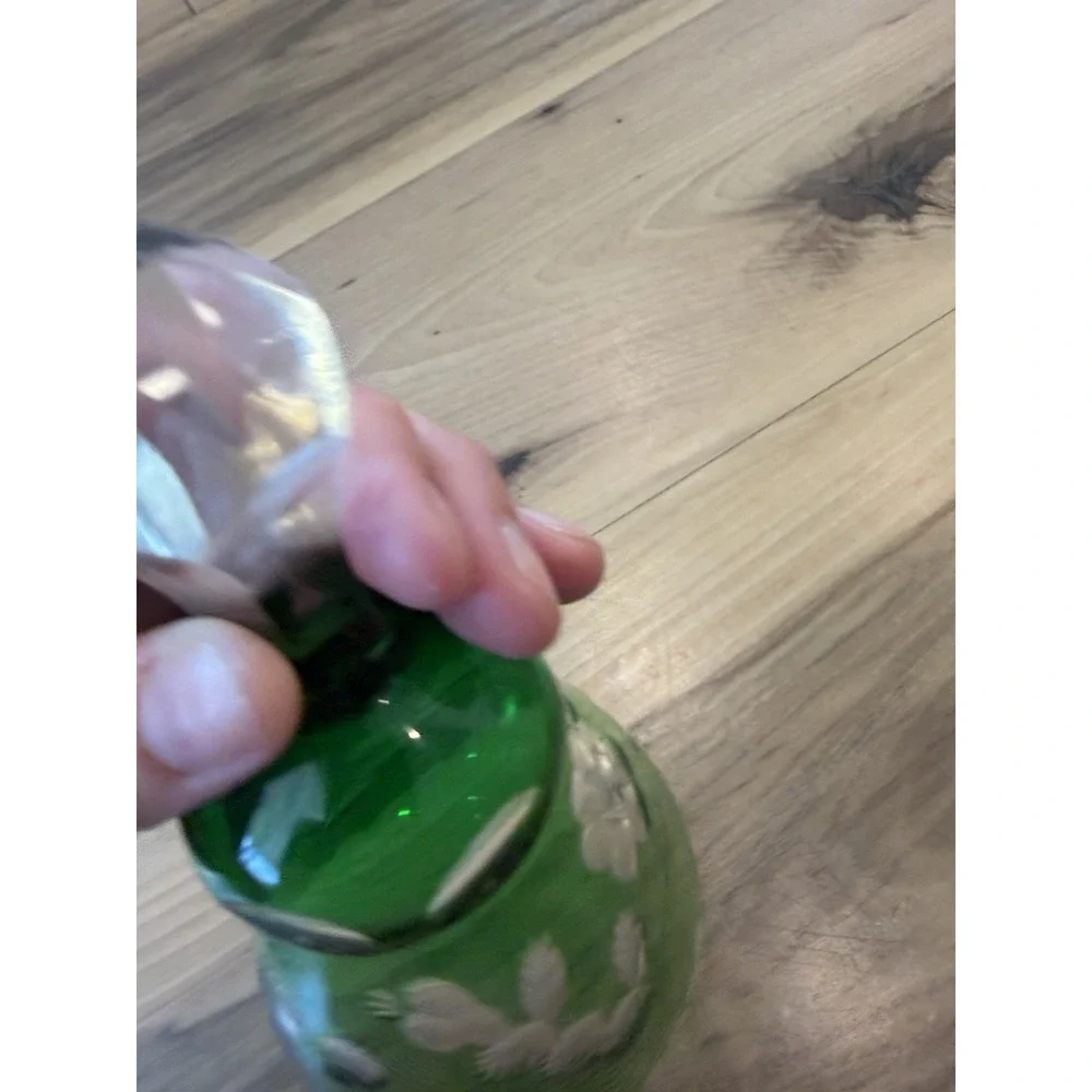 Vintage Emerald Green Cut Crystal Glass Hand Bell Floral Etched Clear Handle